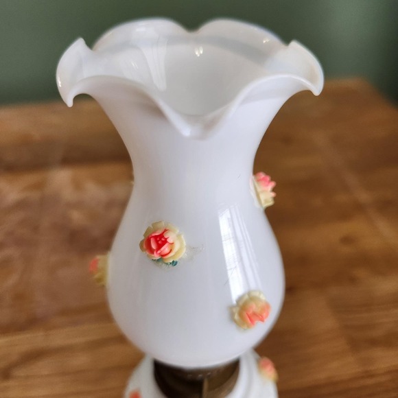 Vintage Milk Glass Oil Lamp With Petite  Pink Rose Decor Made In Japan - Picture 4 of 7